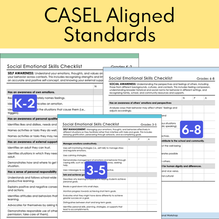 Social Emotional Learning Skills Checklists and SEL Standards CASEL Aligned - Editable