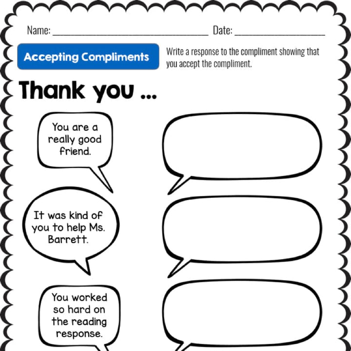 Accepting Compliments - Social Skills Lesson and Activities Educational Worksheets Social Emotional Workshop