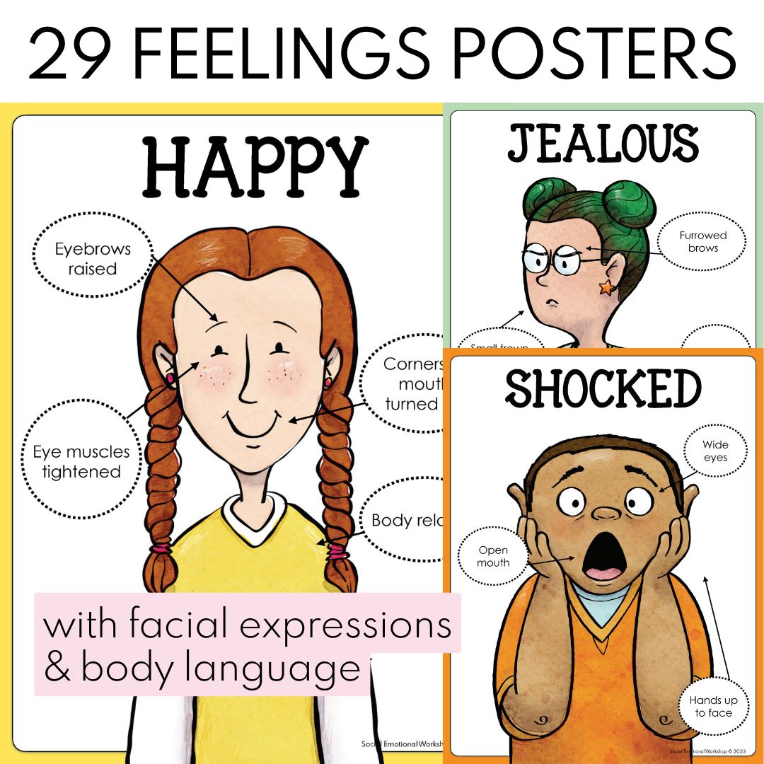 Feelings Posters, Cards, Charts, Worksheets | Identifying Emotions Activities and Office Decor Media Social Emotional Workshop