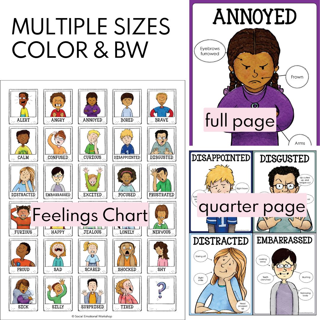 Feelings Posters, Cards, Charts, Worksheets | Identifying Emotions Activities and Office Decor Media Social Emotional Workshop