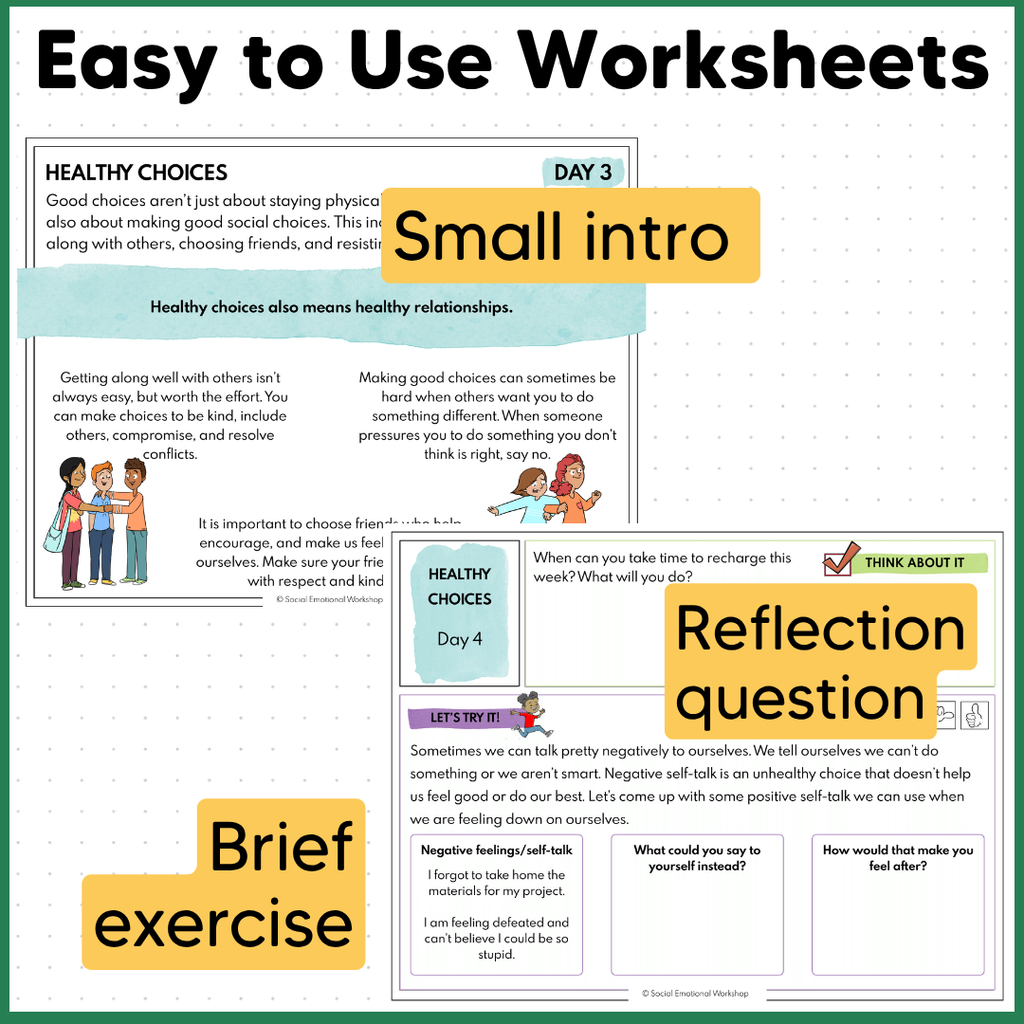 Healthy Choices - Managing Stress, Peer Pressure - SEL Worksheets Decisions