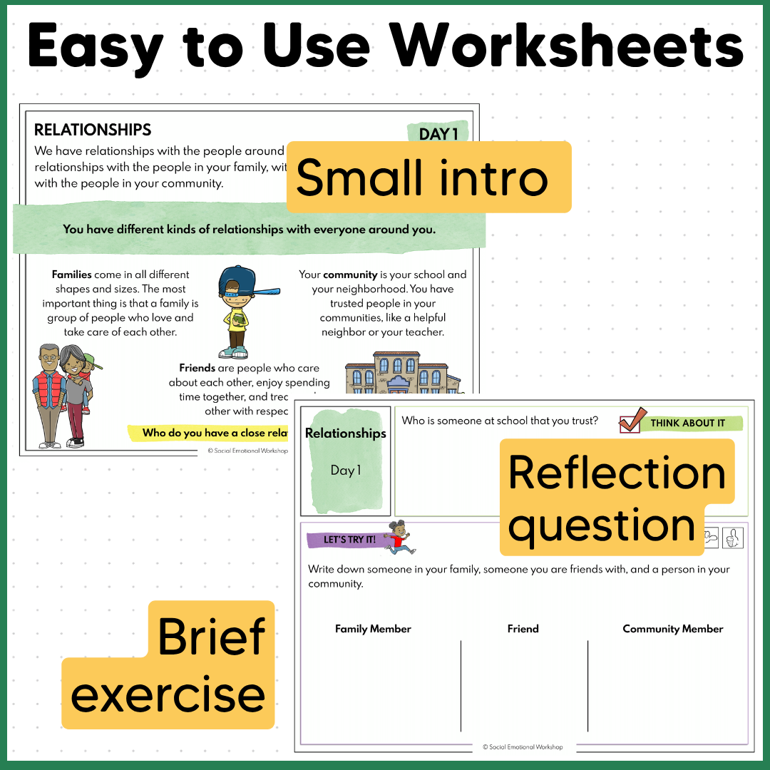 Relationships: Family, Friends, Community - Social Skills - SEL Worksheets