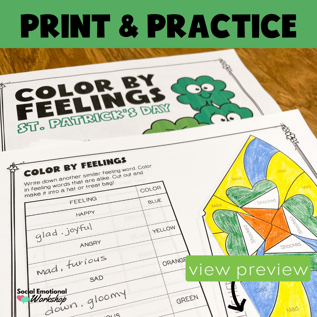 St. Patrick's Day Color By Code, Feelings & Emotions Activity for March SEL & Counseling