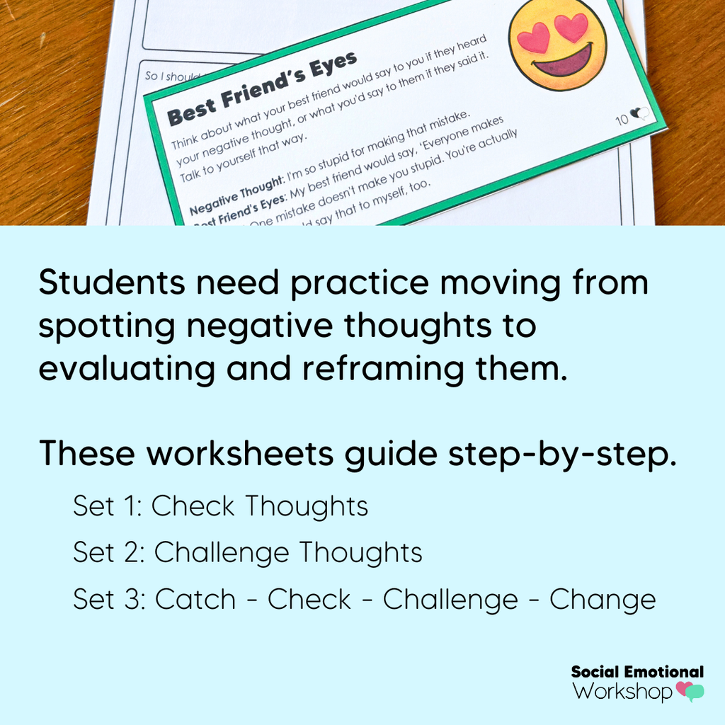 Catch, Check, Challenge, and Change Negative Thinking | CBT Mental Health Worksheets + Cognitive Distortion Visuals