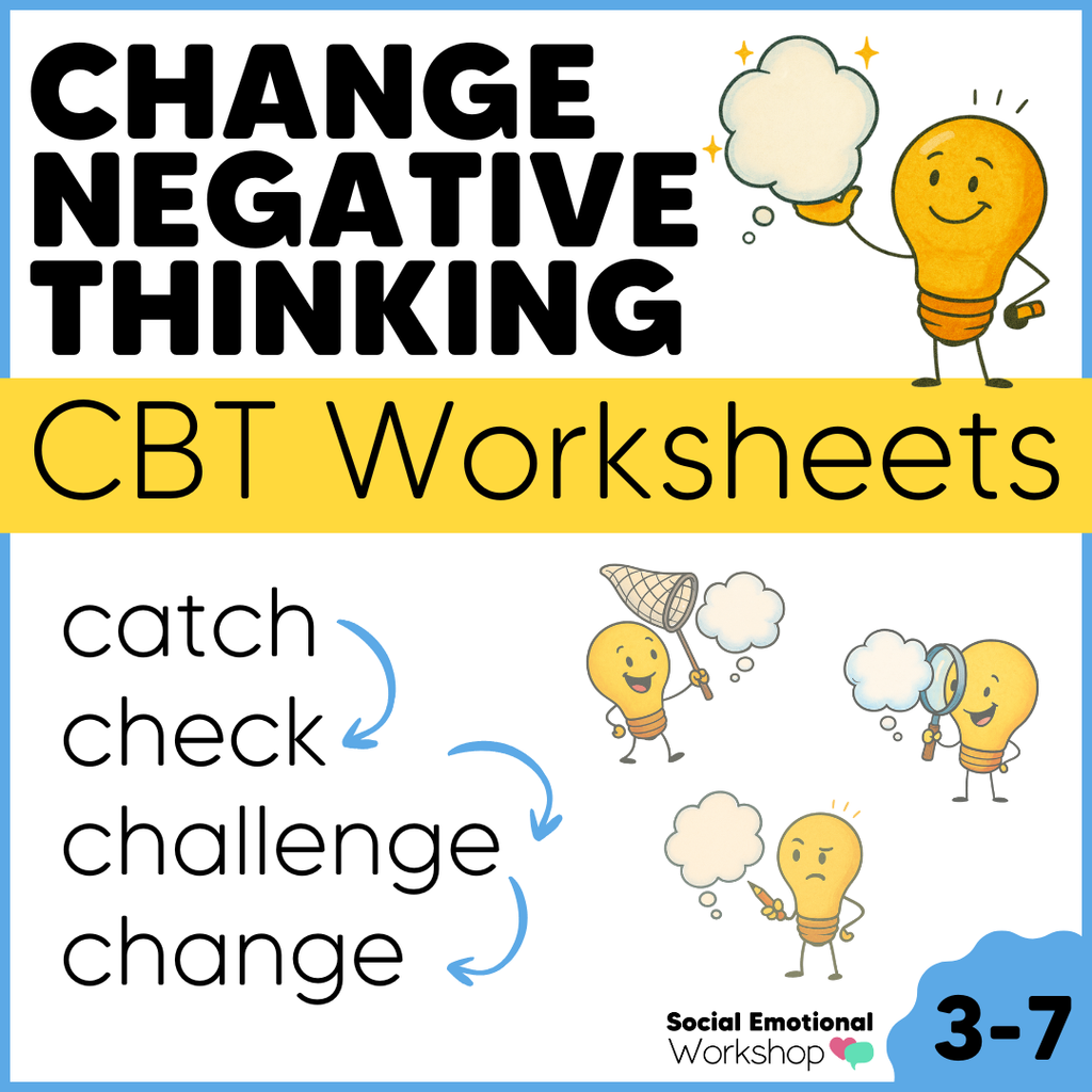 Catch, Check, Challenge, and Change Negative Thinking | CBT Mental Health Worksheets + Cognitive Distortion Visuals