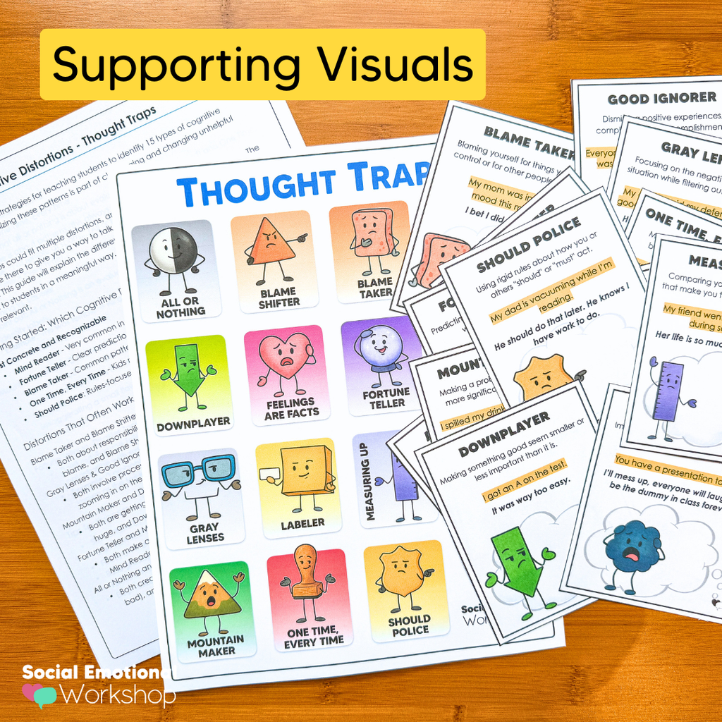 Catch, Check, Challenge, and Change Negative Thinking | CBT Mental Health Worksheets + Cognitive Distortion Visuals