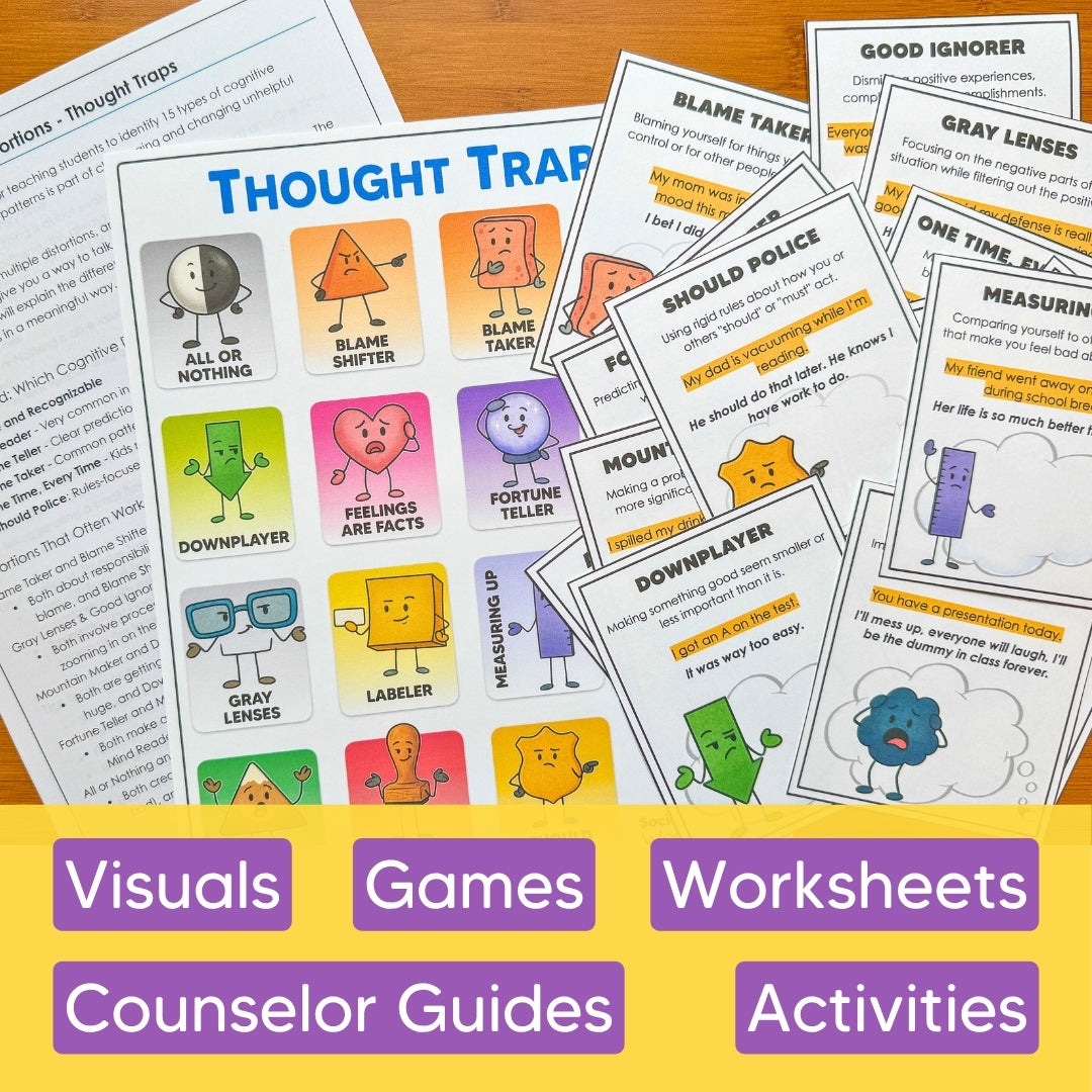 Positive Self-Talk & Negative Thinking Bundle | CBT Counseling Activities for Anxiety & Anger | Grades 3-7