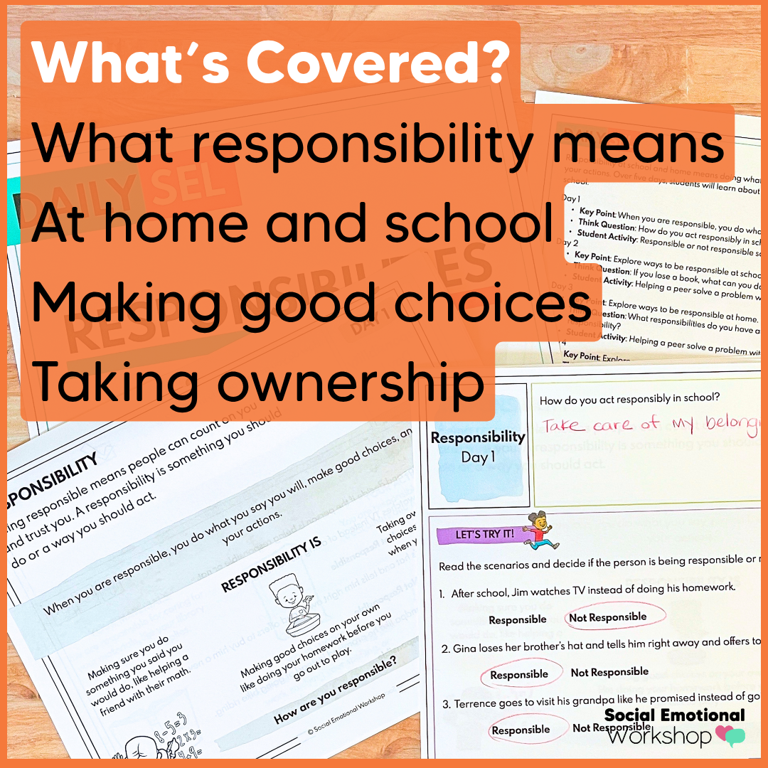 Responsibility - Making Good Choices and Taking Ownership - Social Emotional Learning Worksheets