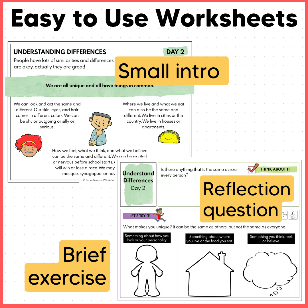 Understanding and Accepting Differences - Celebrating Diversity - SEL Worksheets