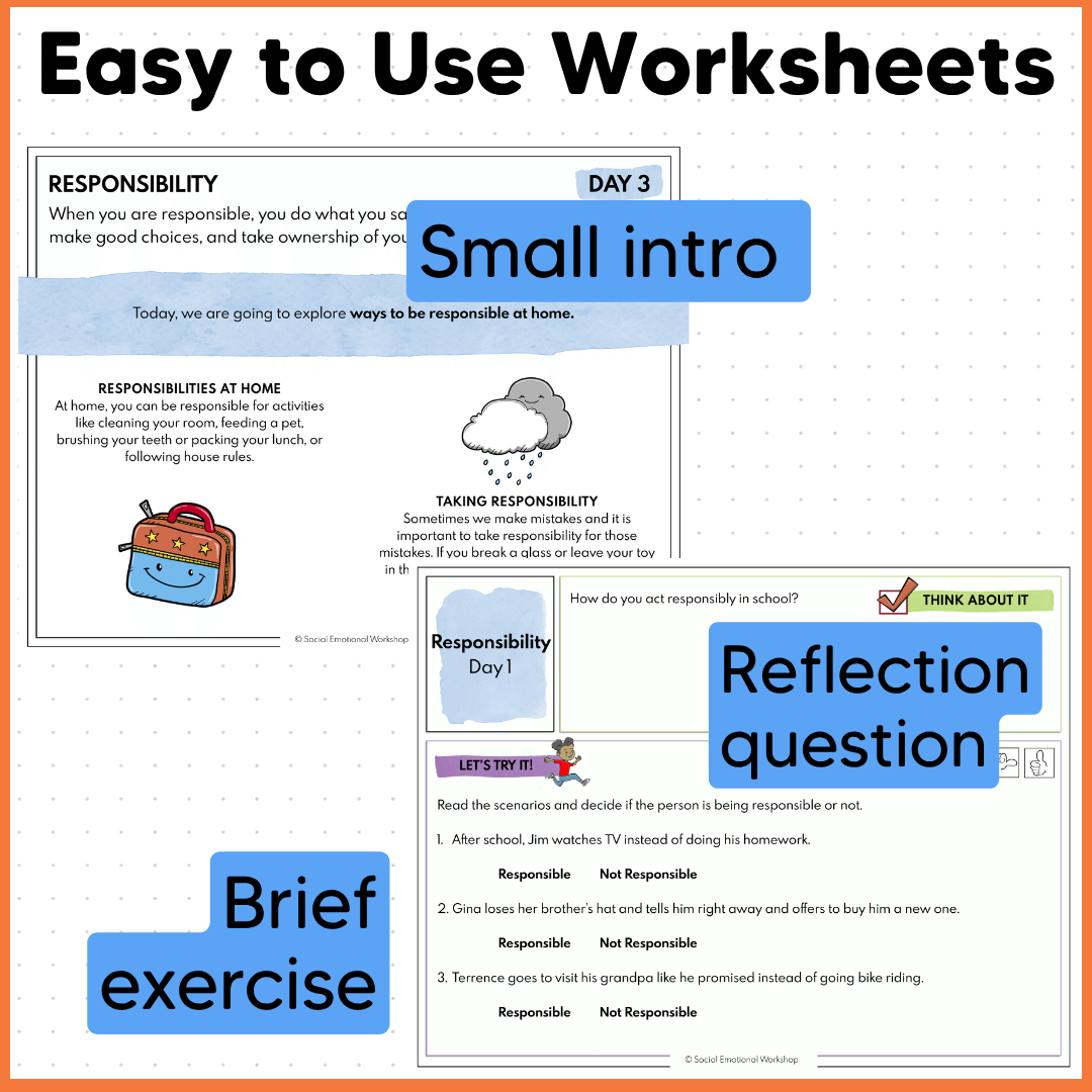 Responsibility - Making Good Choices and Taking Ownership - Social Emotional Learning Worksheets