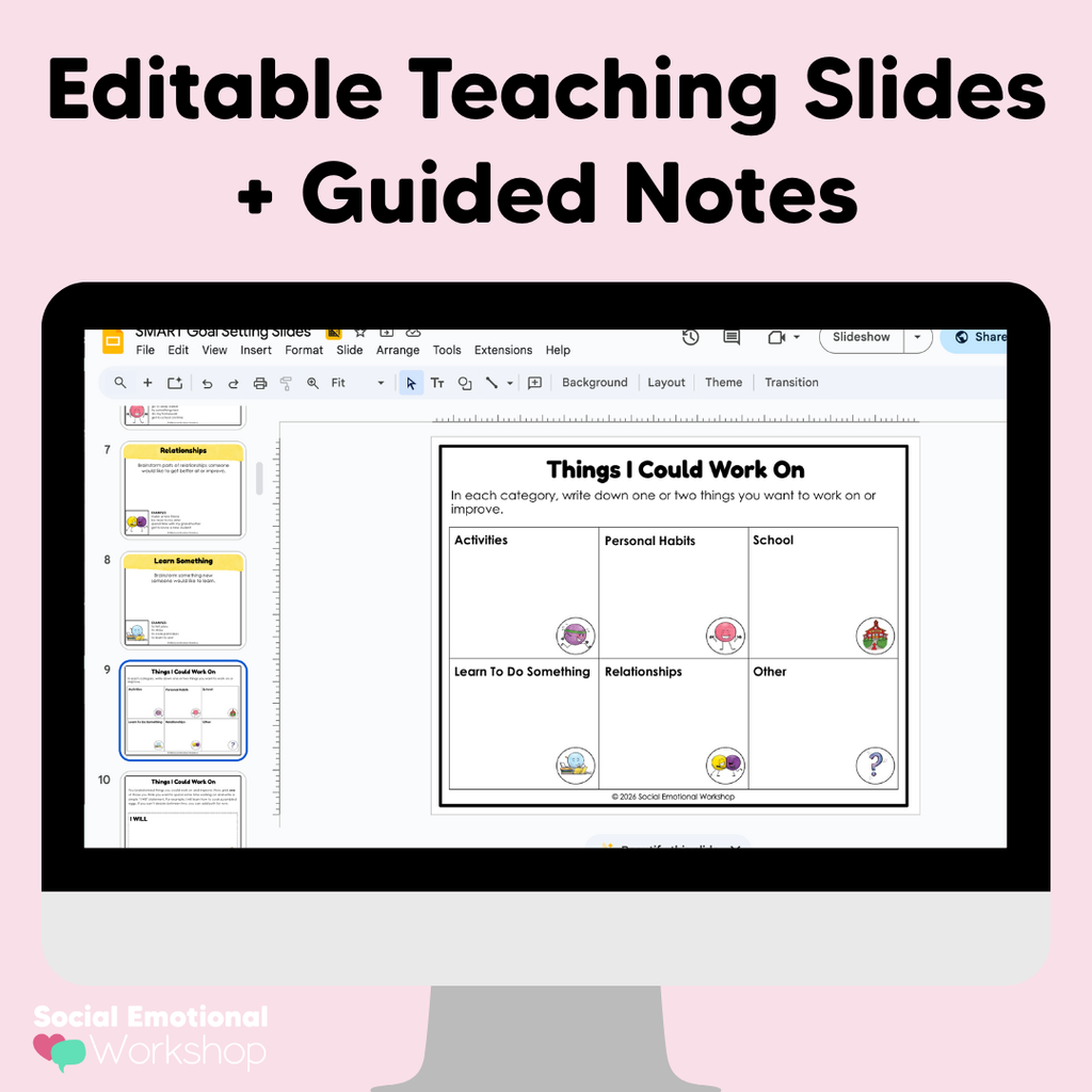 SMART Goal Setting Lessons with Activities, Templates, + Teaching Slides