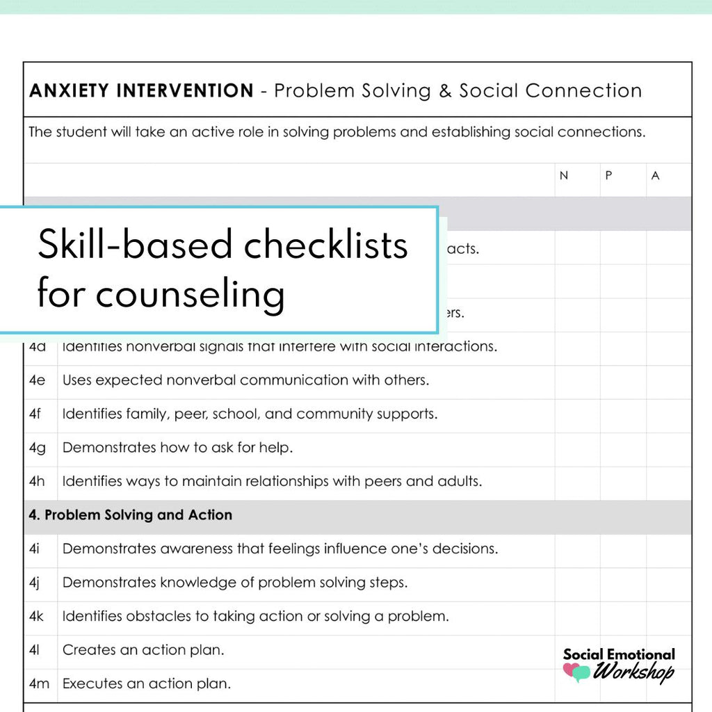 Anxiety Counseling Map and Skills Checklists - Individual Counseling Plan Social Emotional Workshop