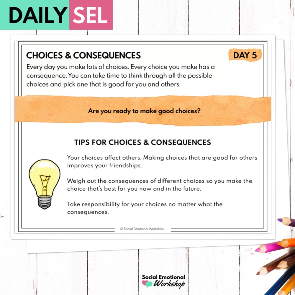 Choices & Consequences Lessons - Making Good Choices Activities - SEL Worksheets Media Social Emotional Workshop